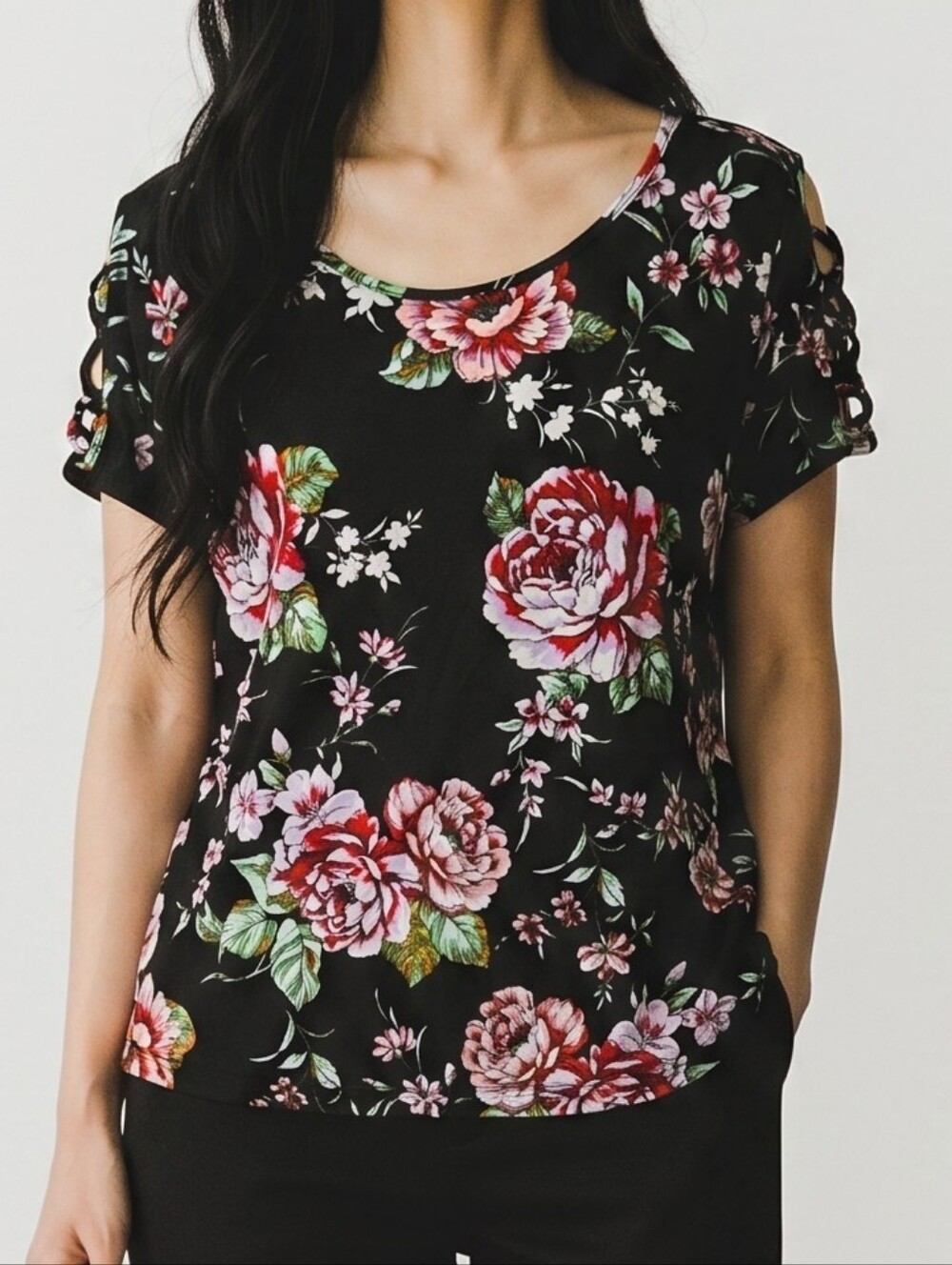 Black Floral Short-Sleeve Tee with Red & Pink Blooms